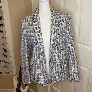 H&M Women' White/Black/Blue Speckled Long Sleeve Open Front Collared Blazer Sz 8